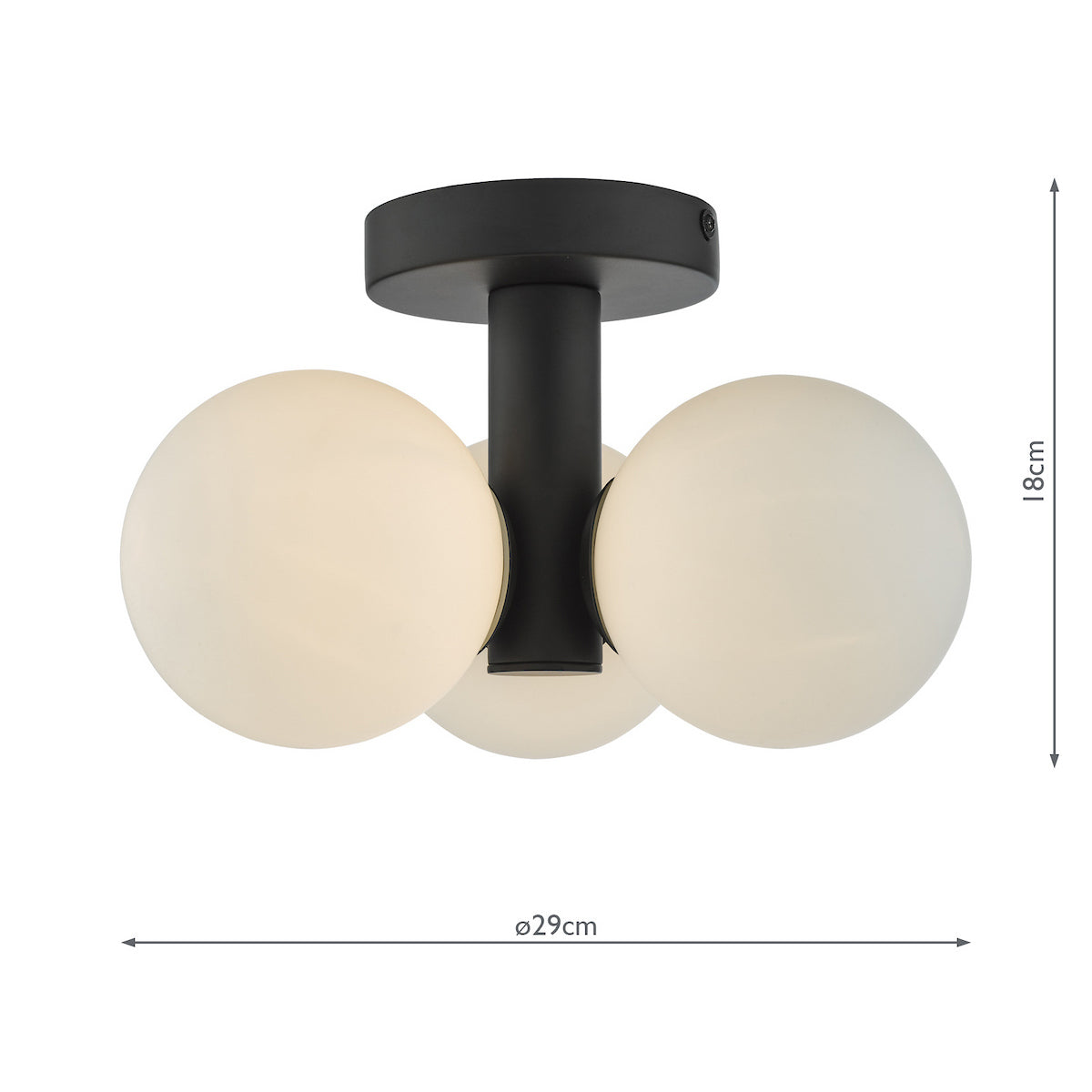 Black ceiling light with three spherical white glass shades, 29cm wide and 18cm high.