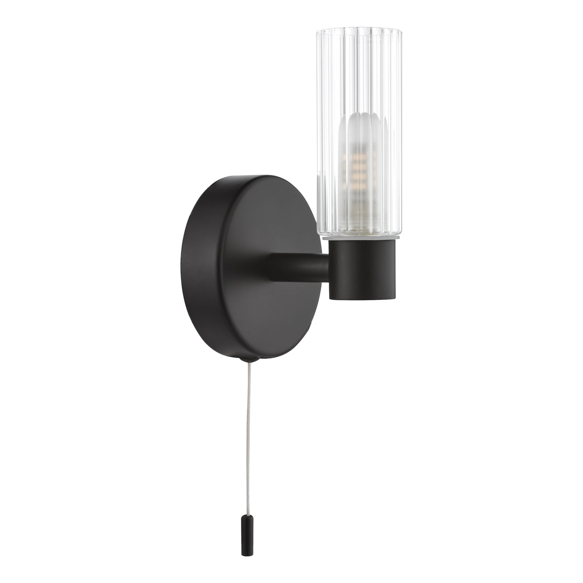 Black wall light with a clear fluted glass shade and a pull cord switch