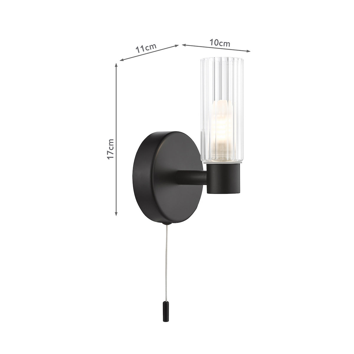 Black wall light with a ribbed glass shade and pull cord switch, dimensions 17cm by 11cm by 10cm