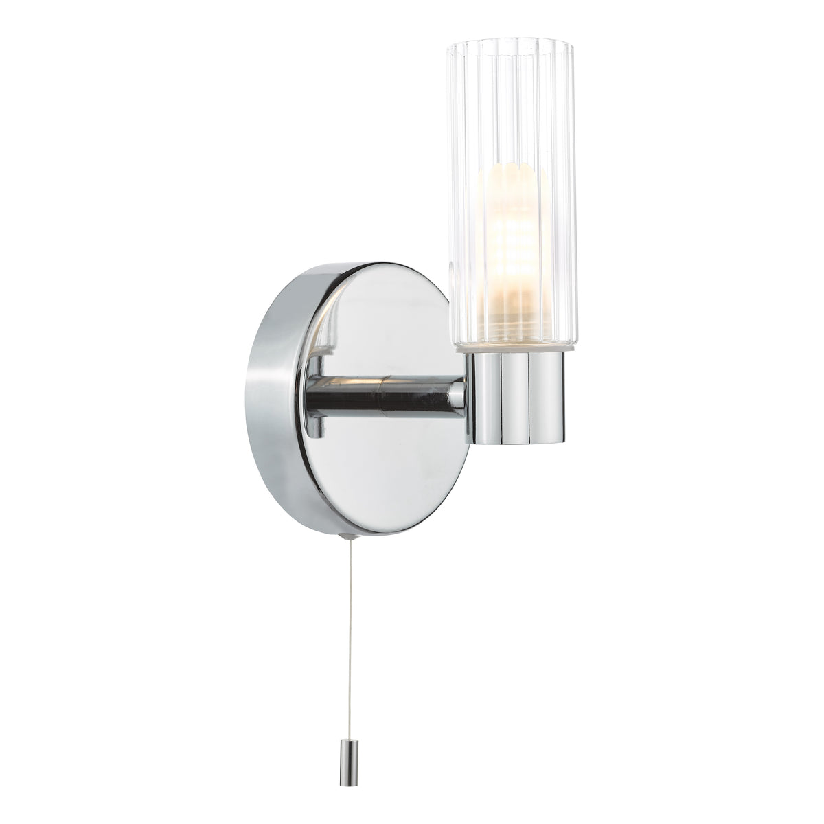 Chrome wall light with a ribbed glass shade and a pull cord switch