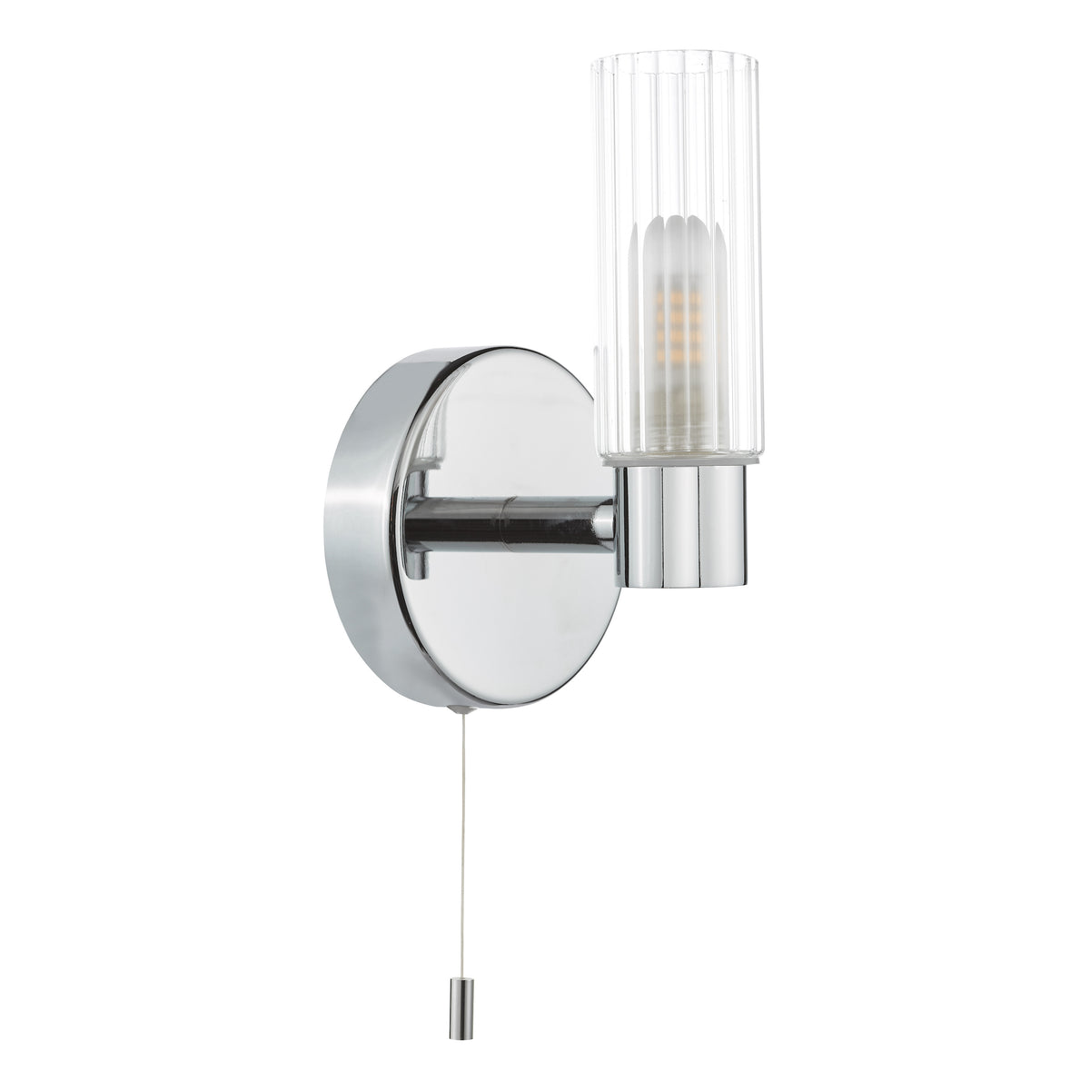 Chrome wall light with a cylindrical ribbed glass shade and a pull cord switch