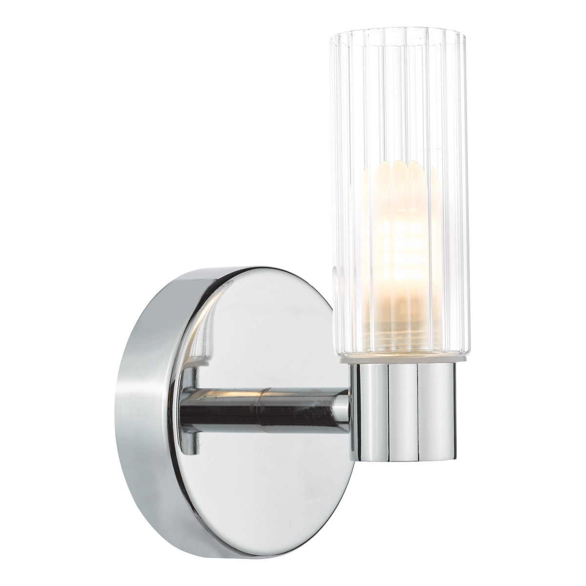Chrome wall sconce with a ribbed glass shade and an illuminated bulb