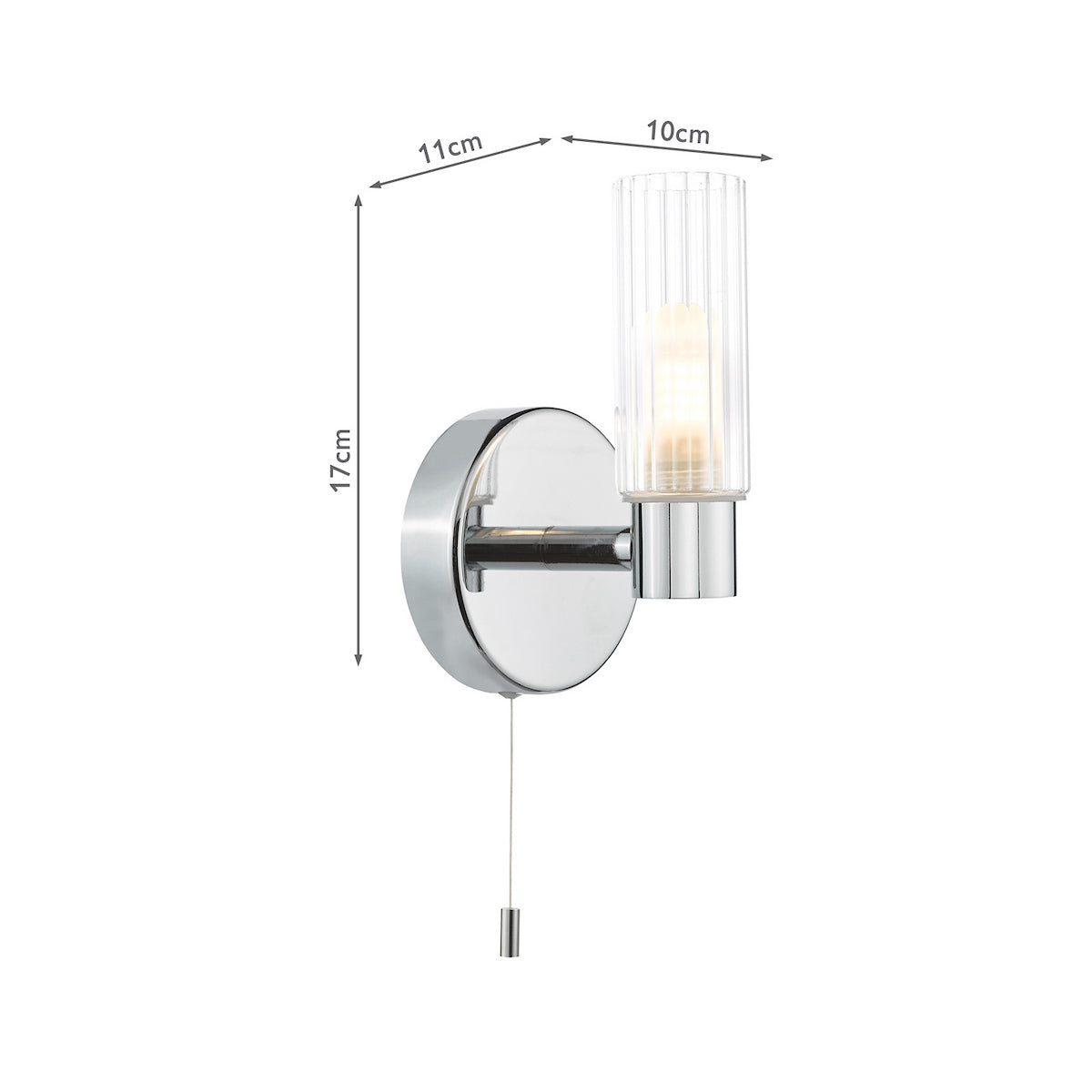 Chrome wall light with ribbed glass shade and pull cord, dimensions 17cm high, 11cm wide, 10cm deep