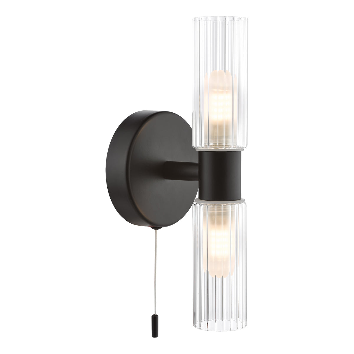 Black wall light with two ribbed glass shades and a pull cord switch