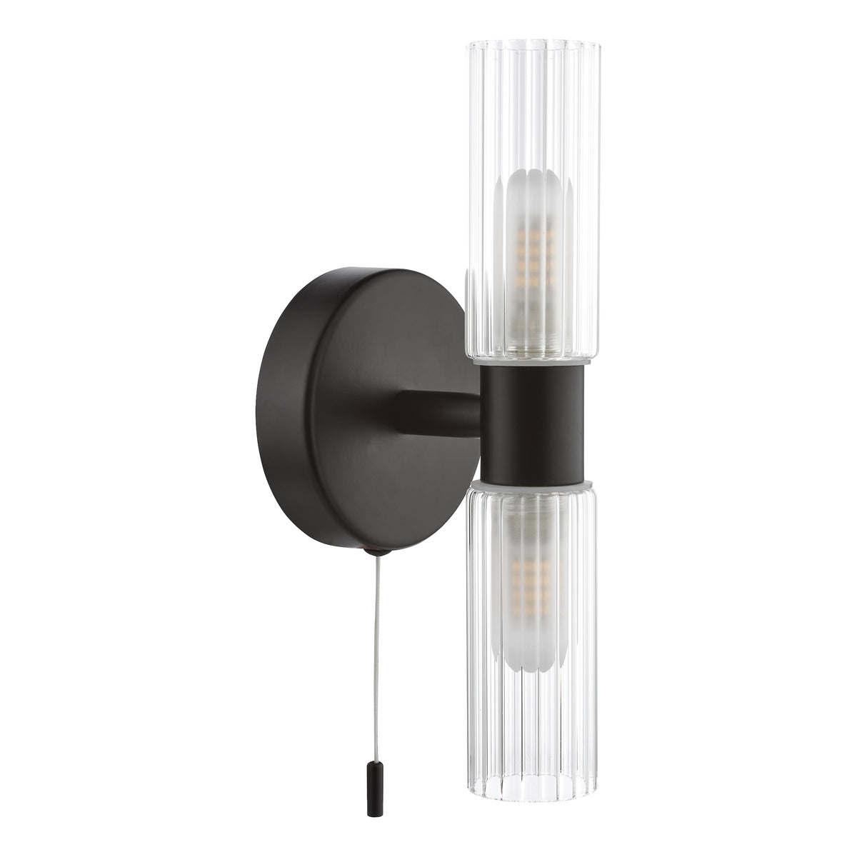 Black wall light with two clear fluted glass shades and exposed bulbs, featuring a pull cord switch