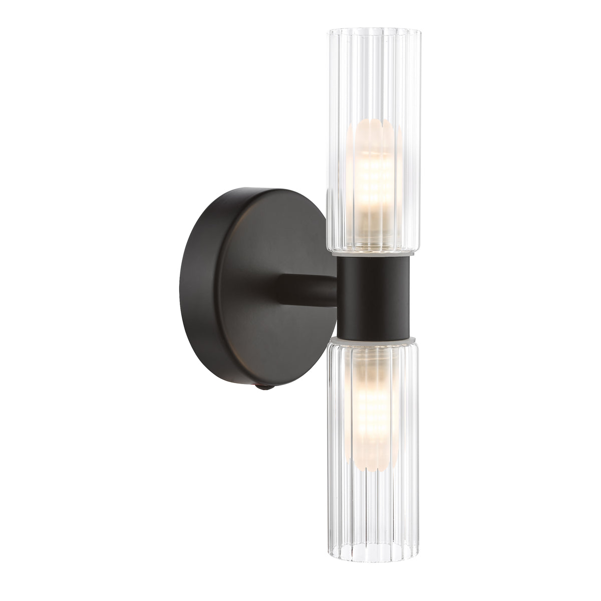 Black wall sconce with two vertical ribbed glass shades and exposed bulbs