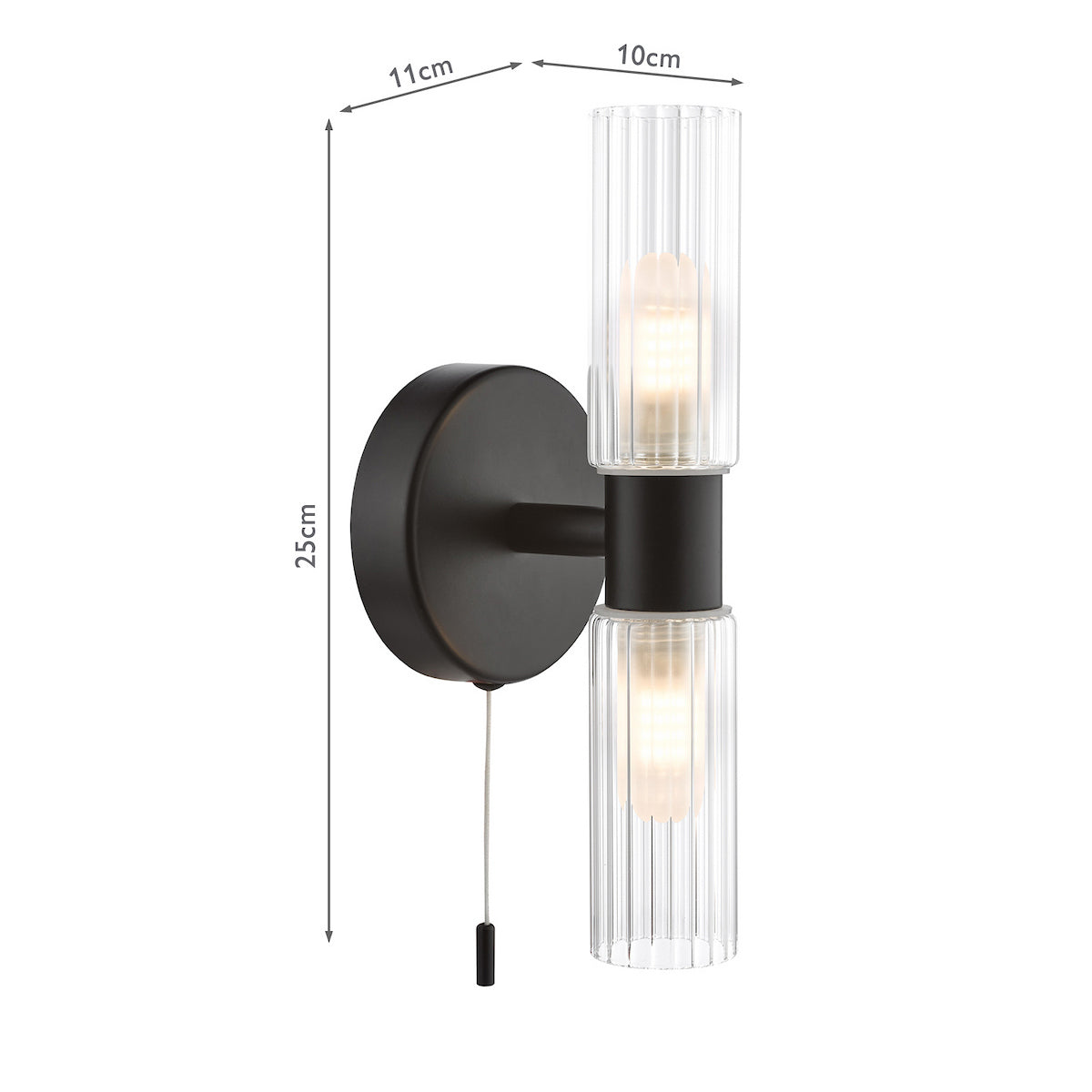 Black wall light with two ribbed glass shades and a pull cord switch, dimensions 25cm high, 11cm wide, 10cm deep