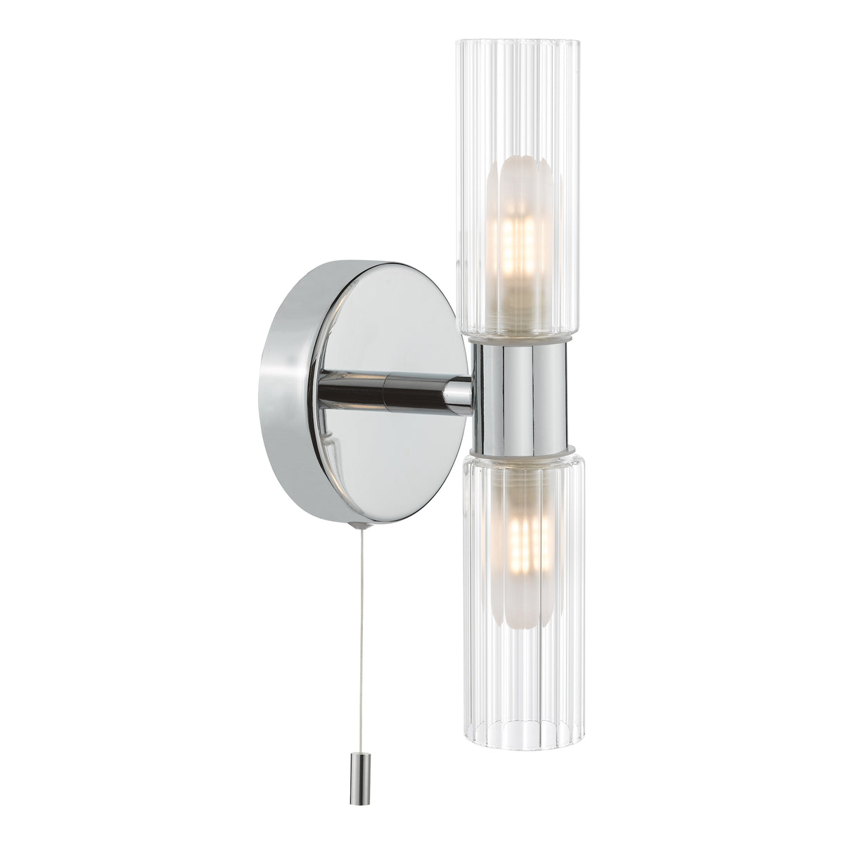 Chrome wall light with two ribbed glass shades and a pull cord switch