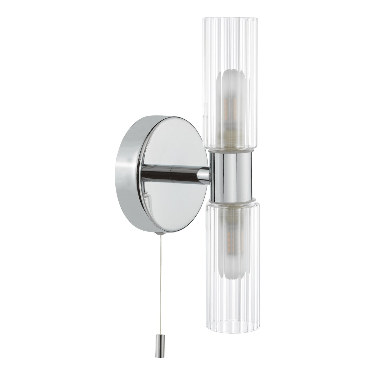 Chrome wall light with two ribbed glass shades and a pull cord switch