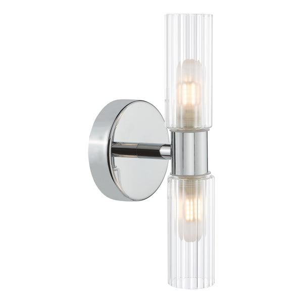 Chrome wall sconce with two ribbed glass shades and exposed bulbs