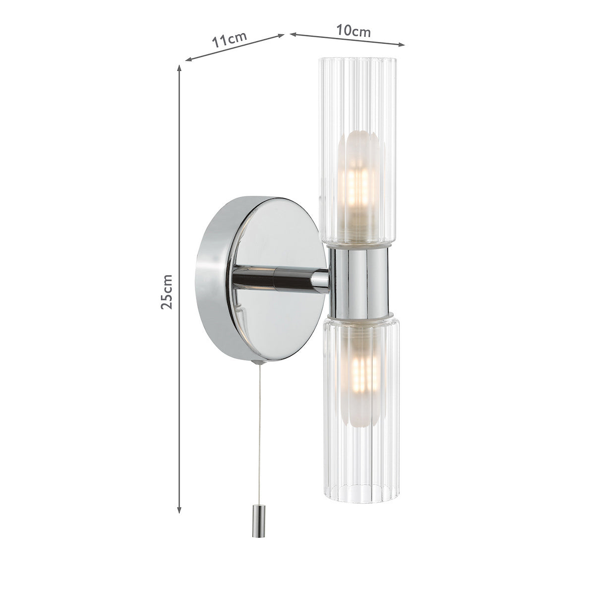 Chrome wall light with two ribbed glass shades and pull cord switch, dimensions 25cm H x 11cm W x 10cm D