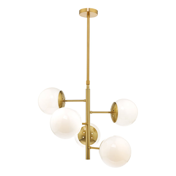 Modern brass chandelier with five white globe lights extending from a central rod.