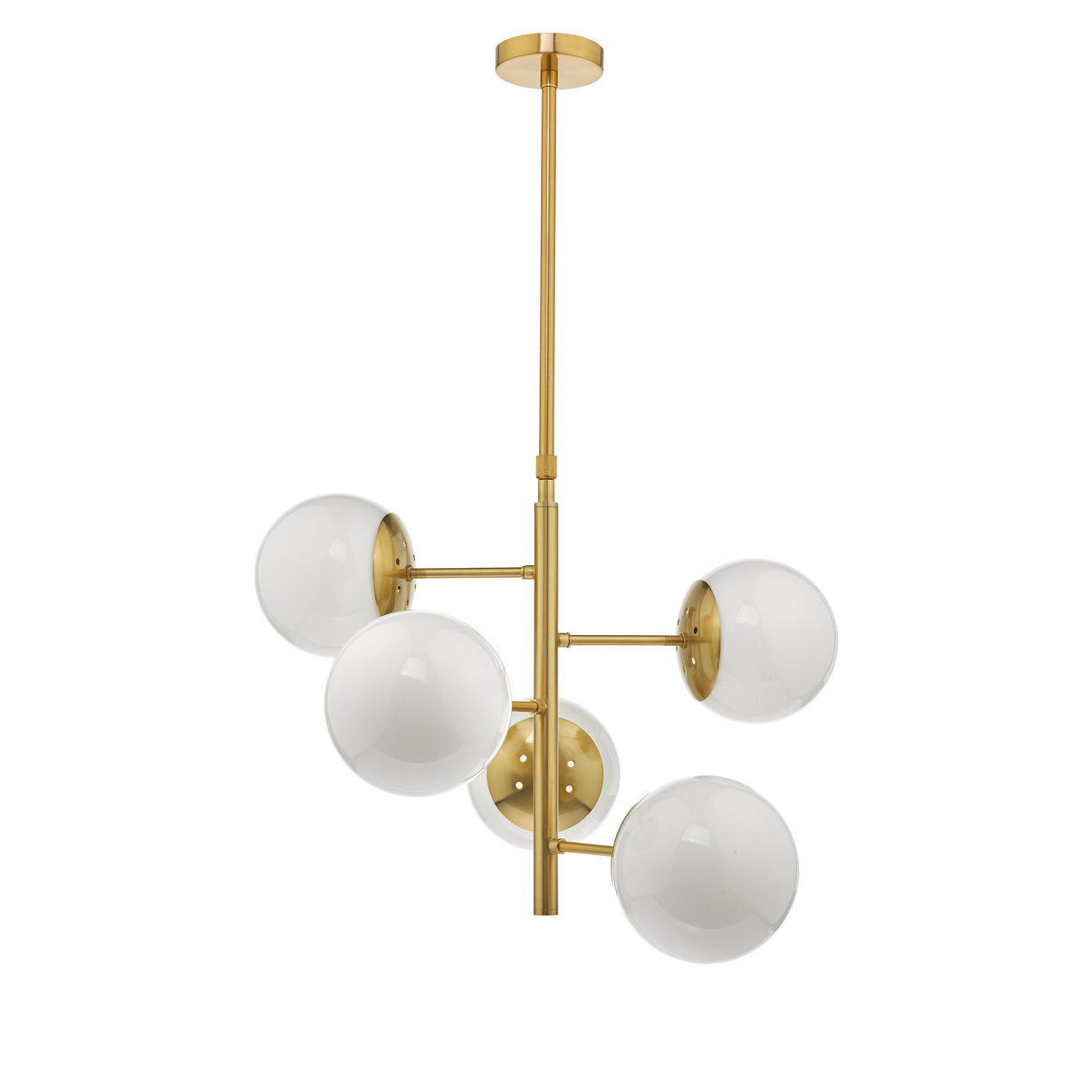 Gold chandelier with five white spherical glass shades