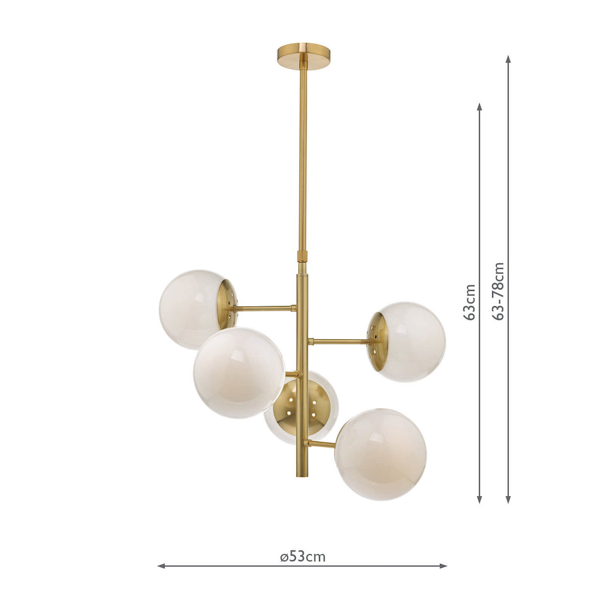 Brass chandelier with five white globe lights, 63-78cm high and 53cm wide