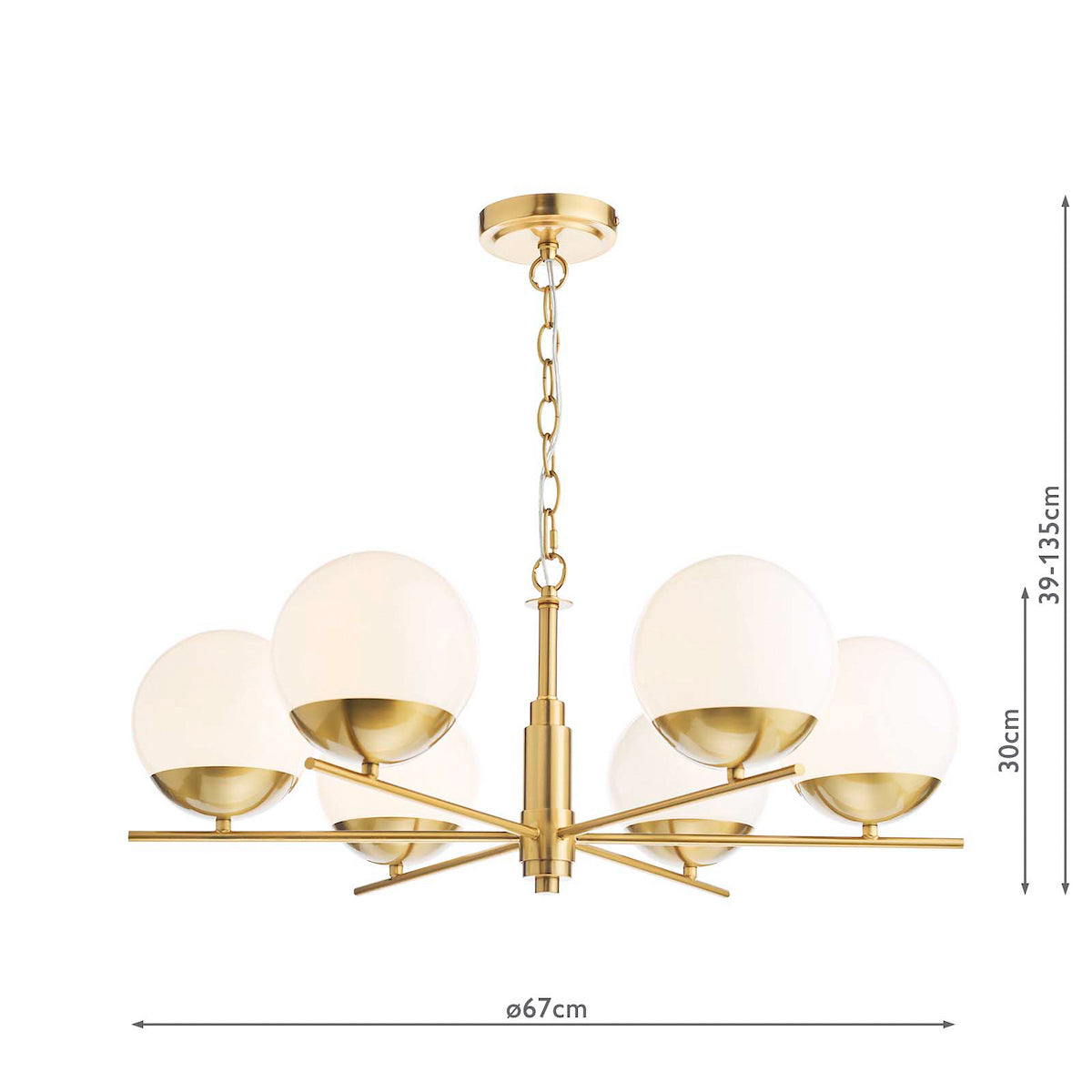 Gold chandelier with six white globe lights, showing dimensions of 67cm width and 39-135cm height.