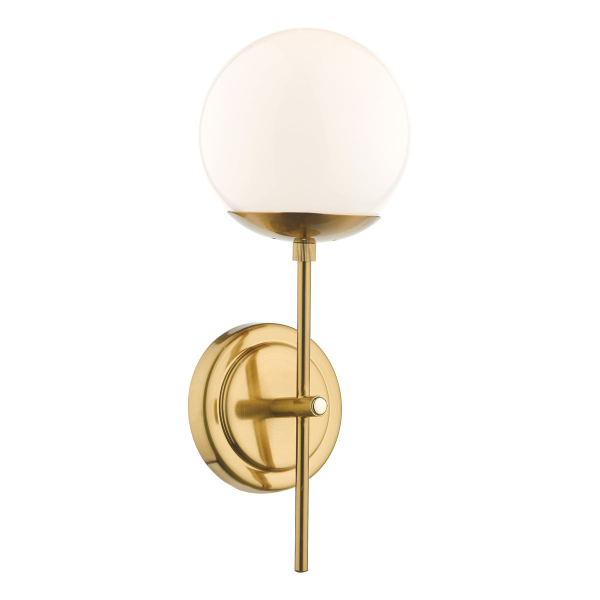 Brass wall sconce with a round white glass shade