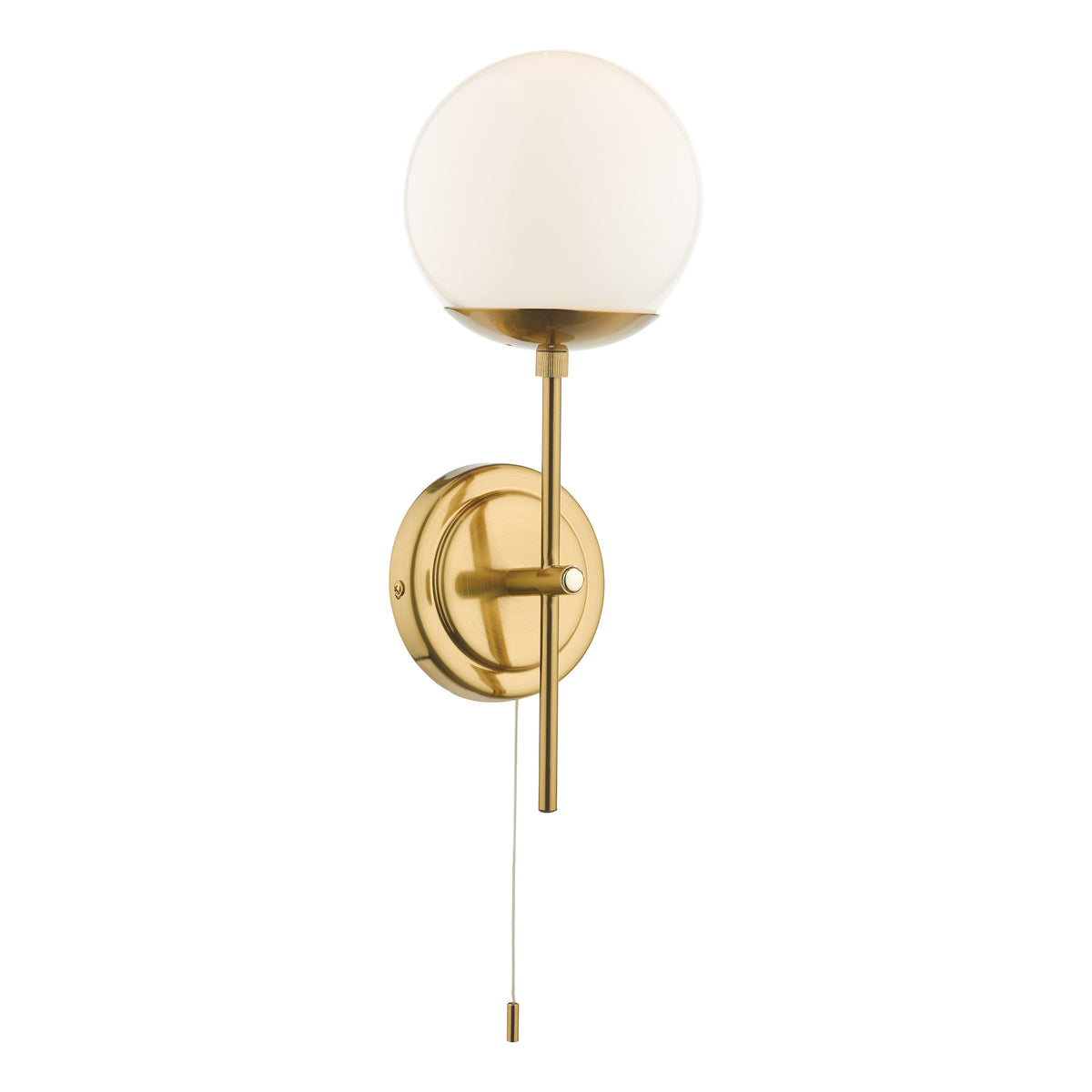 Brass wall light with a round white glass shade and a pull cord switch