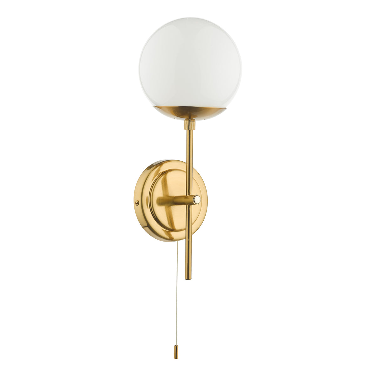 Brass wall light with a white spherical glass shade and a pull cord switch