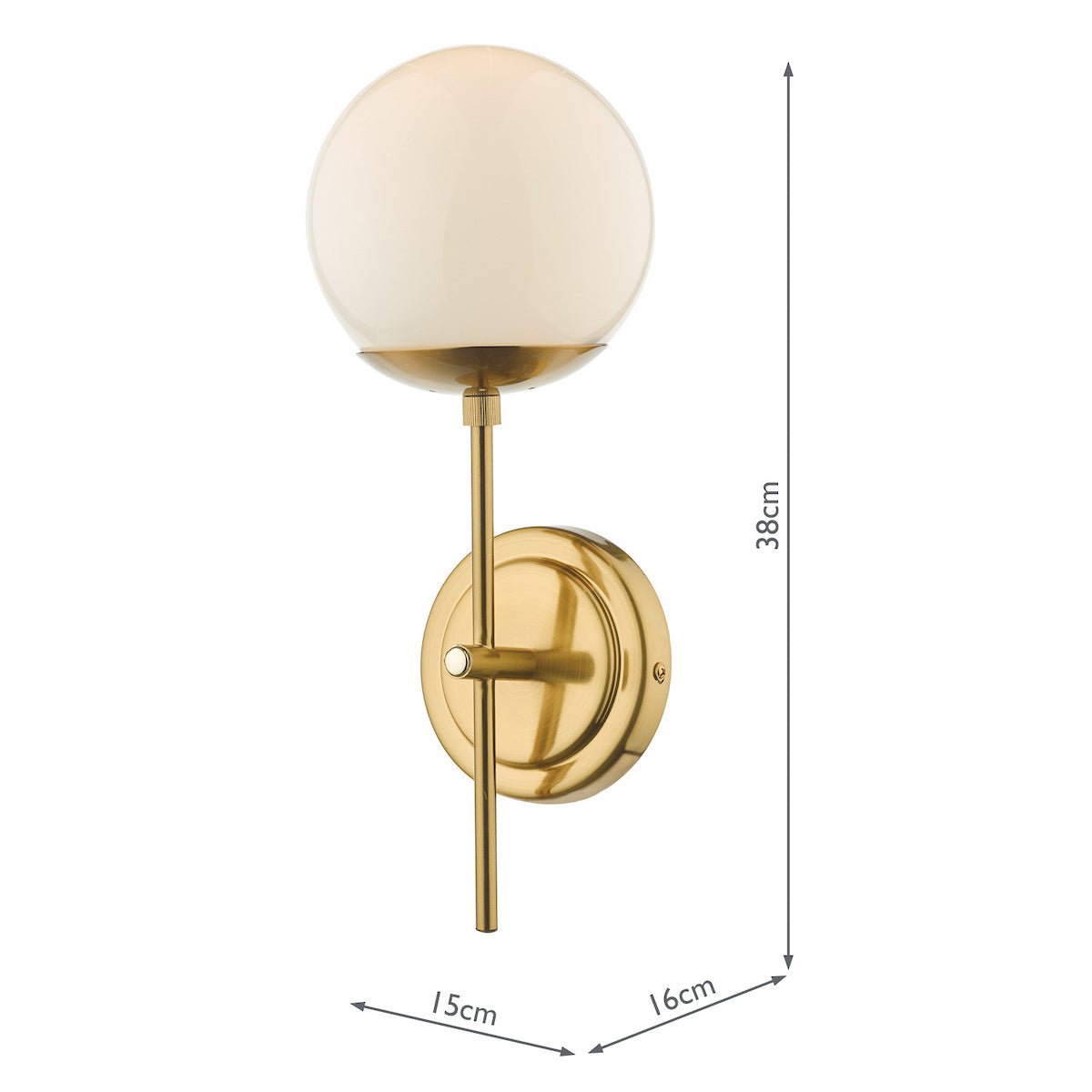 Brass wall light with a round white glass shade and dimensions of 38cm height, 15cm width, 16cm depth