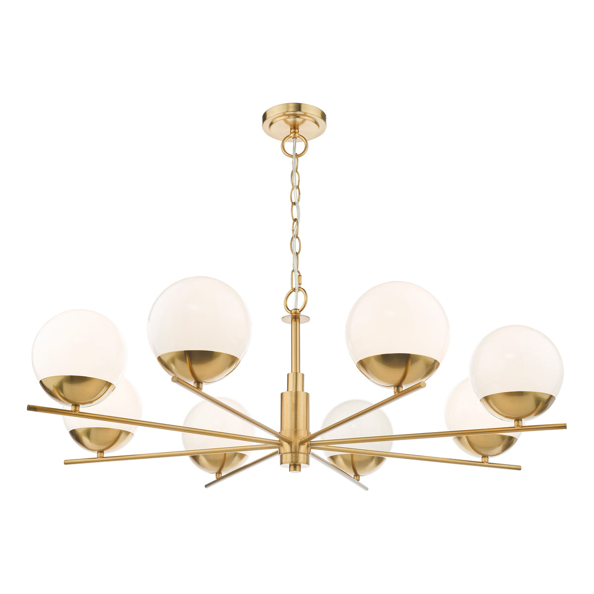 Gold chandelier with eight white globe lights