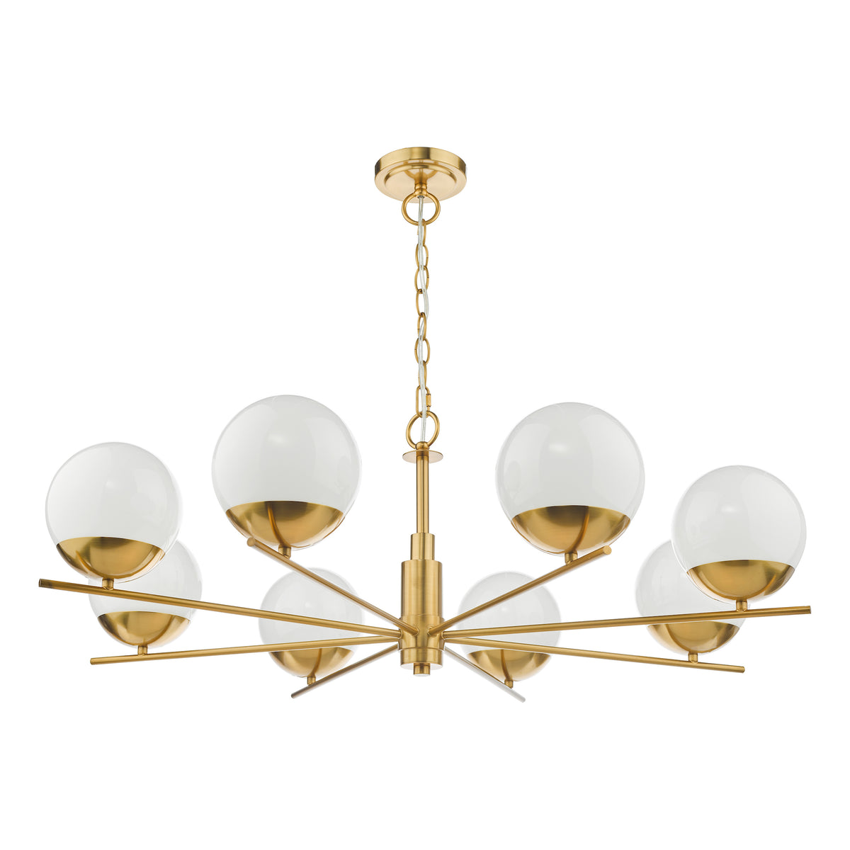 Gold chandelier with eight white globe lights