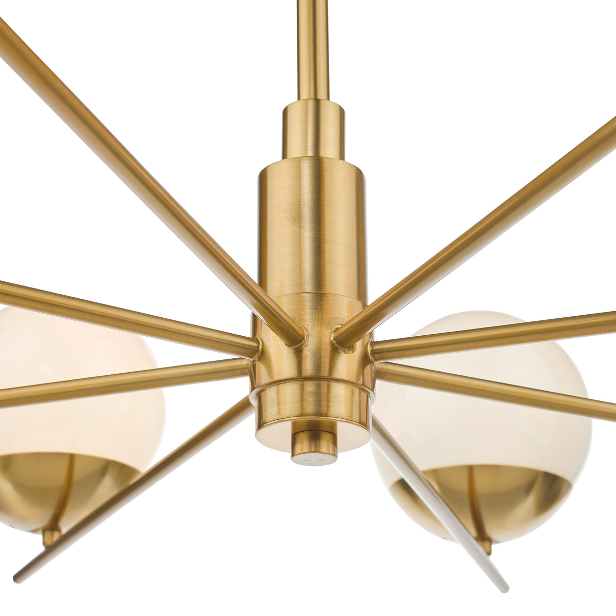 Close up of a gold chandelier with six arms and frosted glass globes