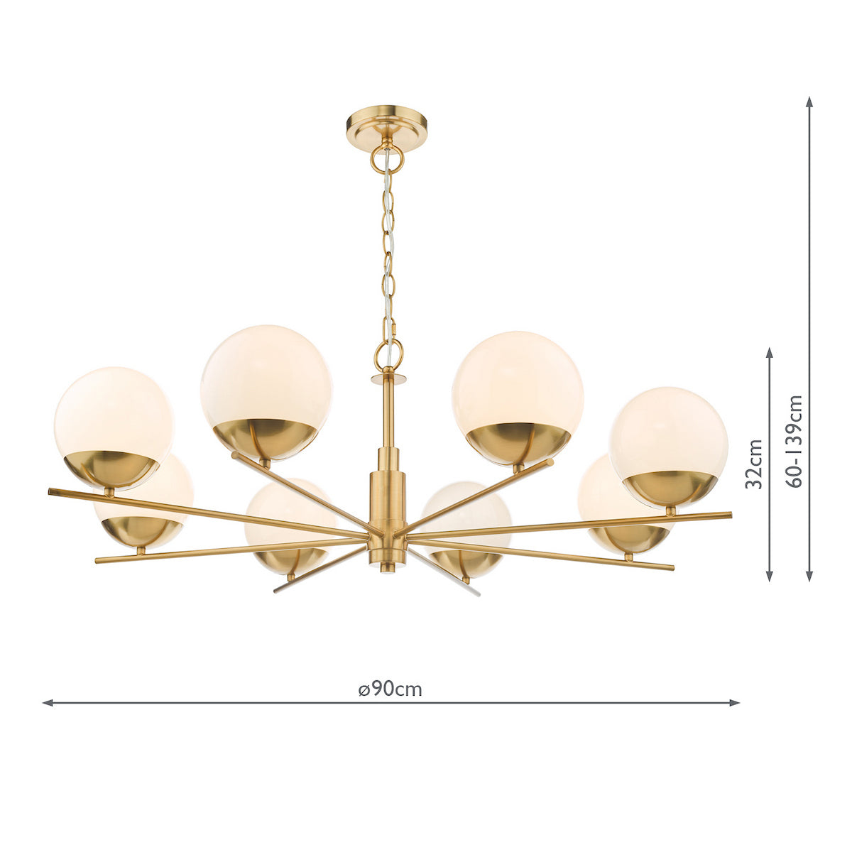 Gold chandelier with eight white globe lights and dimensions of 90cm width and 60-139cm height