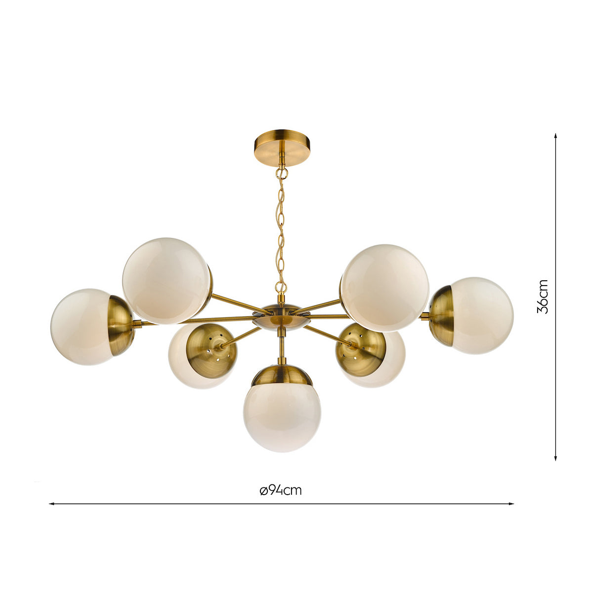Brass chandelier with six white globe lights, 94cm wide and 36cm high.