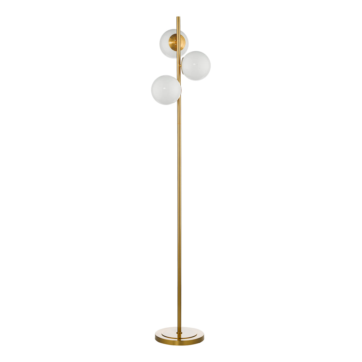 Gold floor lamp with three white spherical glass shades