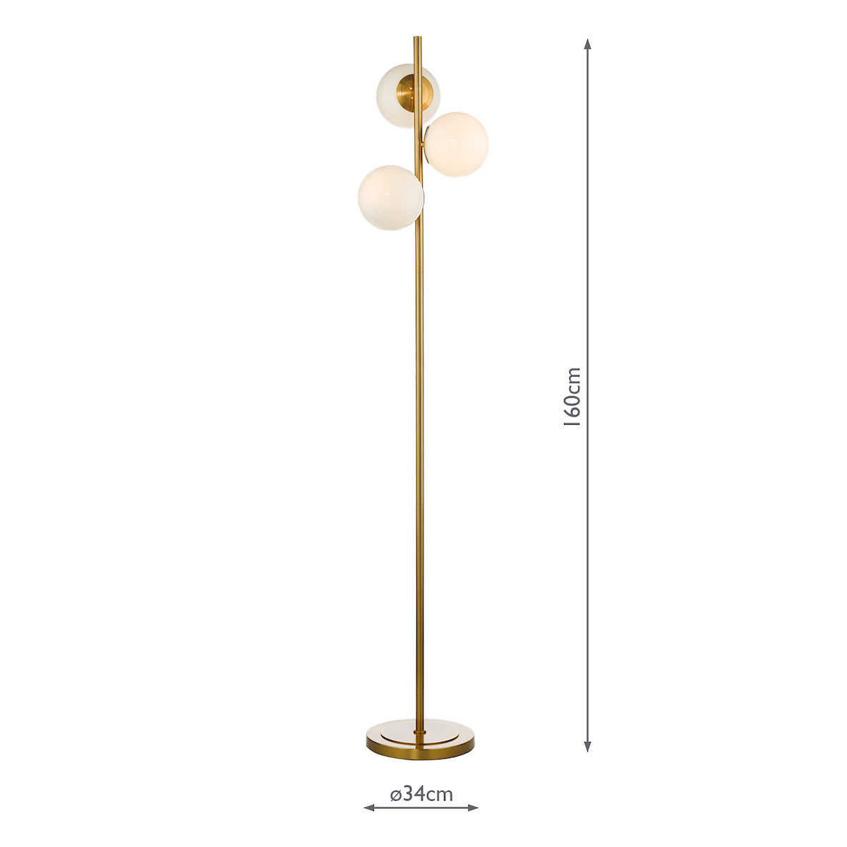 Gold floor lamp with three spherical white glass shades, 160cm tall with a 34cm base diameter
