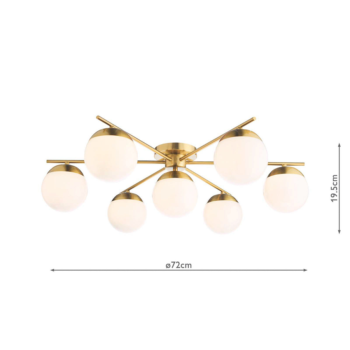 Modern brass ceiling light with seven spherical white glass shades, showing dimensions.