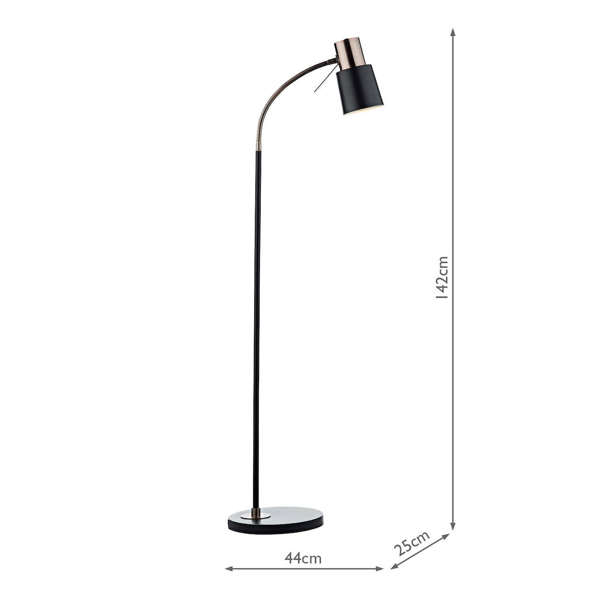 Black and copper floor lamp with a flexible neck and round base, 142cm tall.