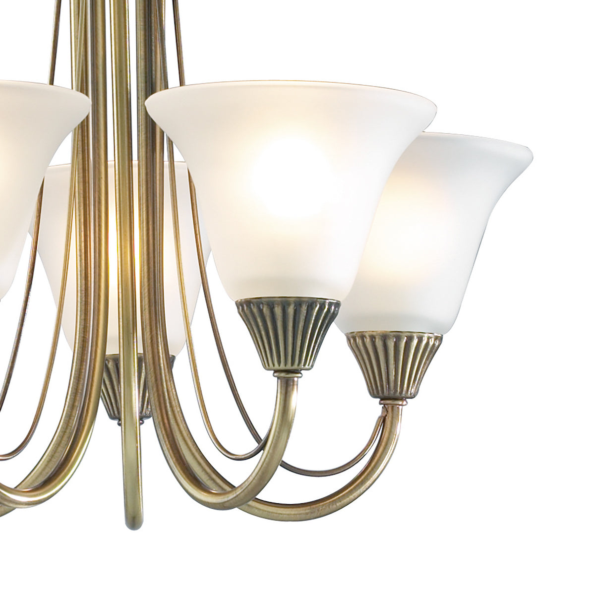 Close-up of a brass chandelier with frosted glass shades, illuminated against a white background.