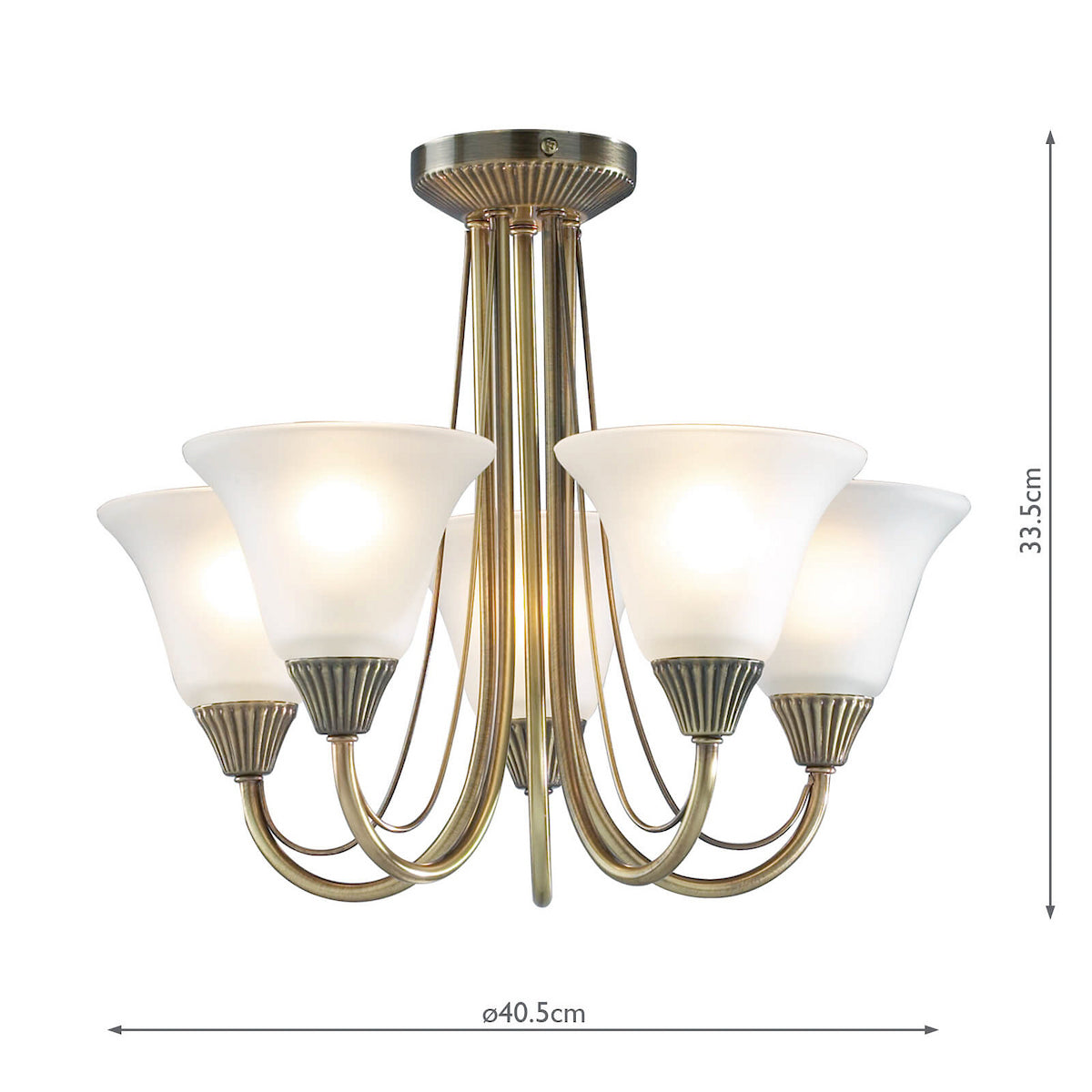 A five-arm antique brass chandelier with frosted glass shades, showing dimensions of 33.5cm height and 40.5cm diameter.