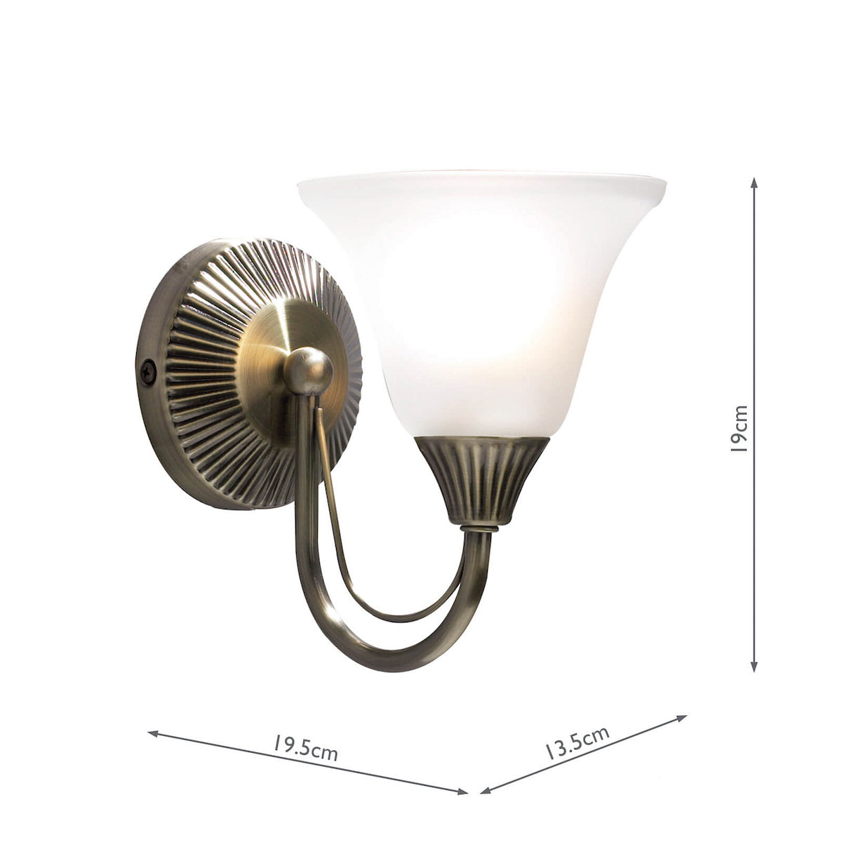 Antique brass wall light with a frosted glass shade, showing dimensions of 19cm height, 19.5cm width, 13.5cm depth.