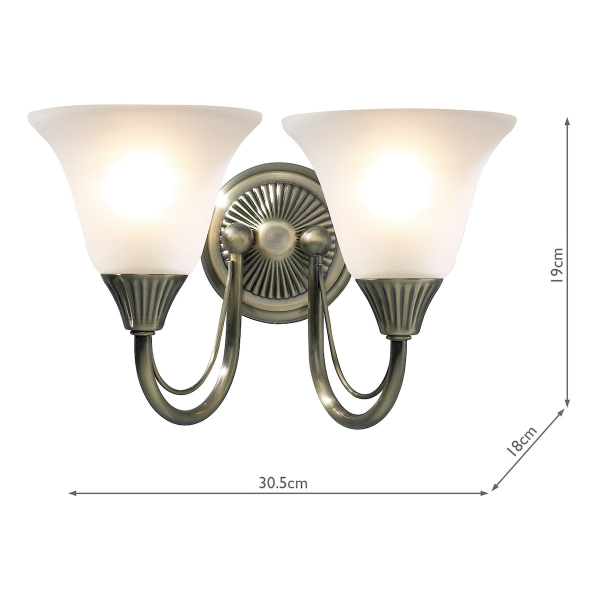 Two-light antique brass wall sconce with frosted glass shades and dimensions.