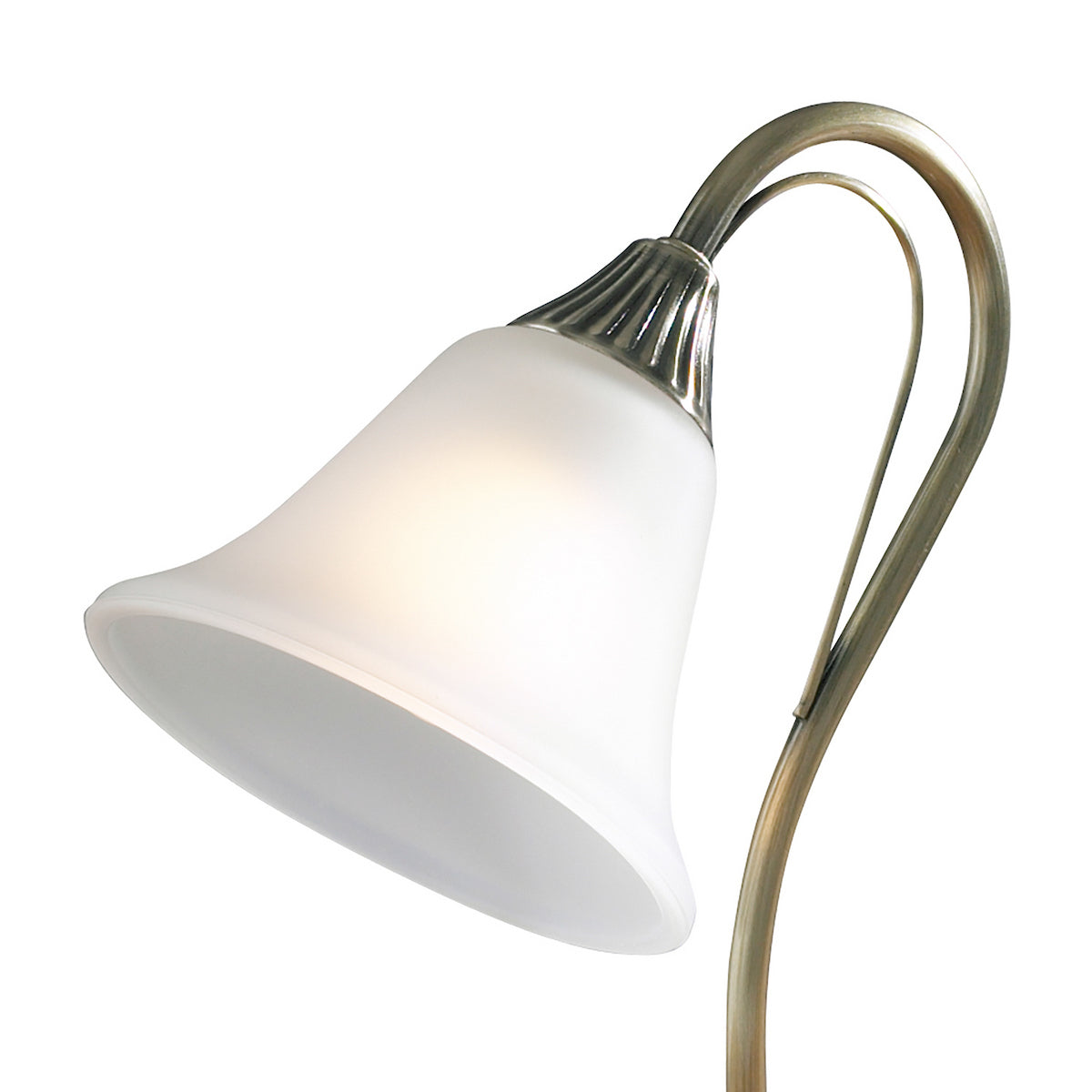 Close-up of a floor lamp with a frosted bell-shaped shade and an antique brass curved arm.