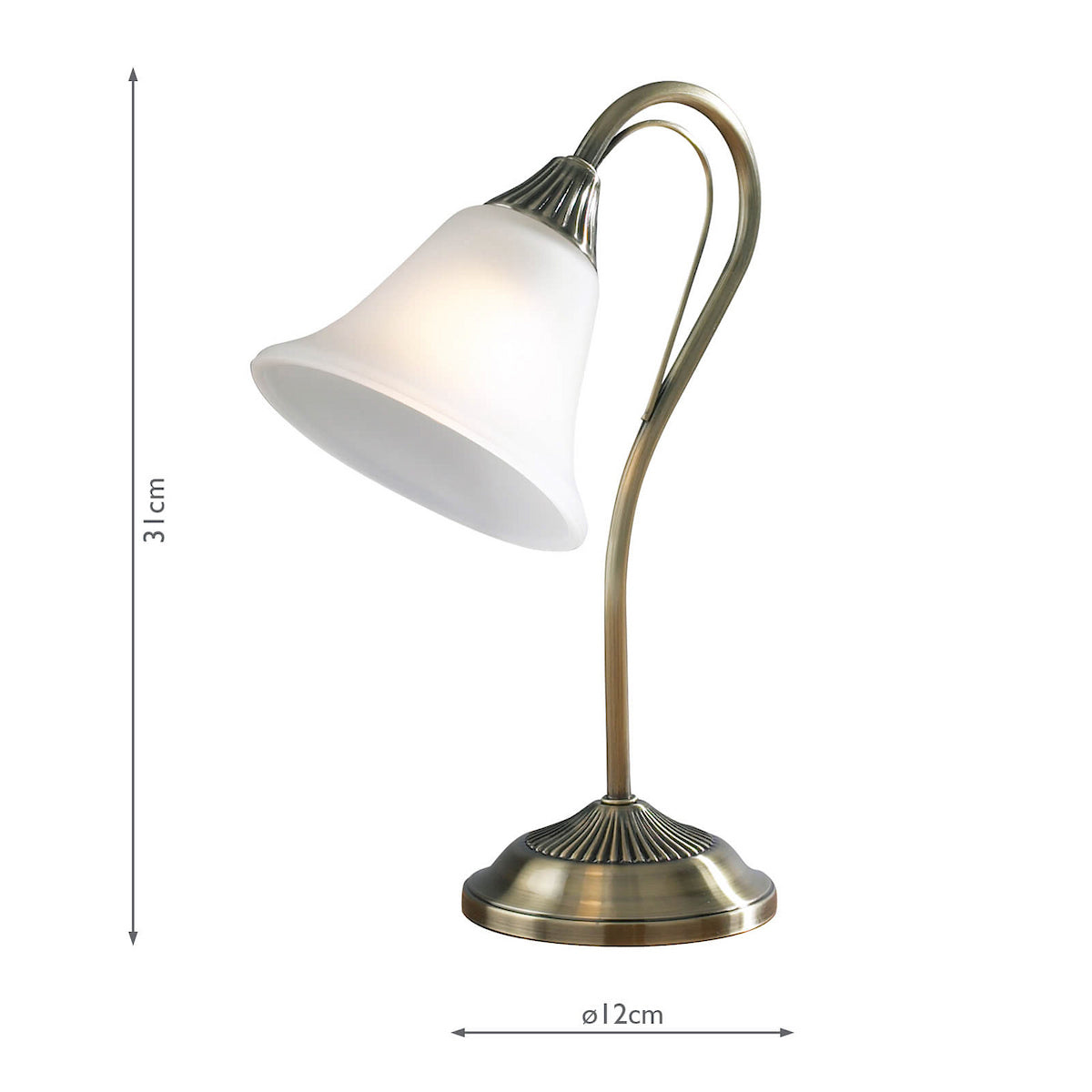 Bronze table lamp with a curved stem and a white bell-shaped shade, 31cm tall with a 12cm base.