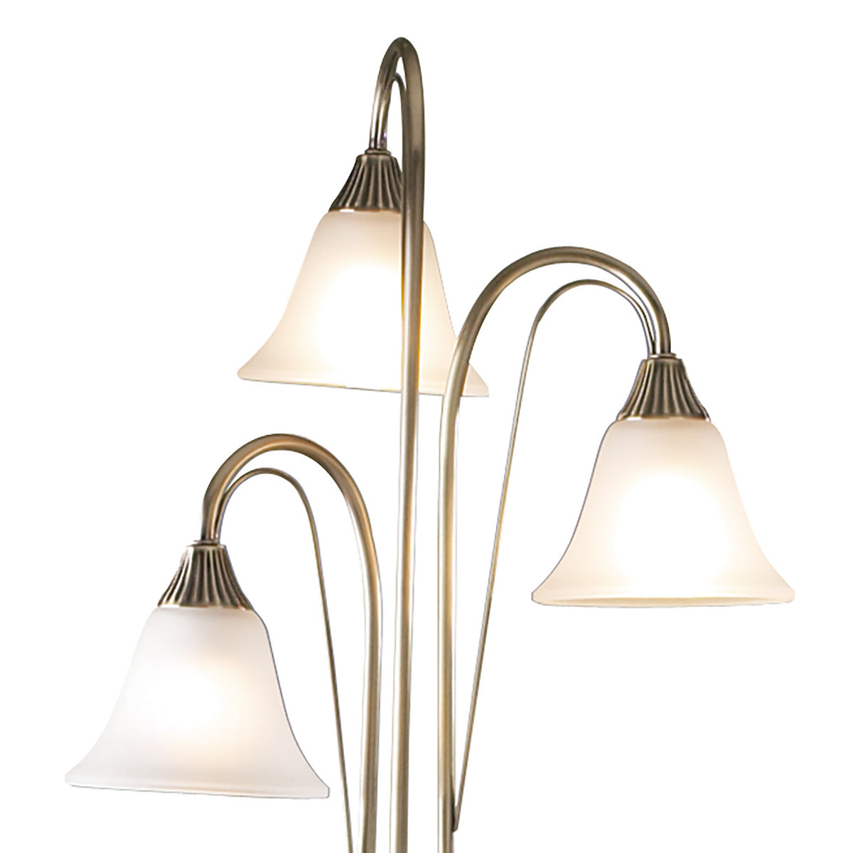 Three-light floor lamp with frosted glass shades and antique brass finish.