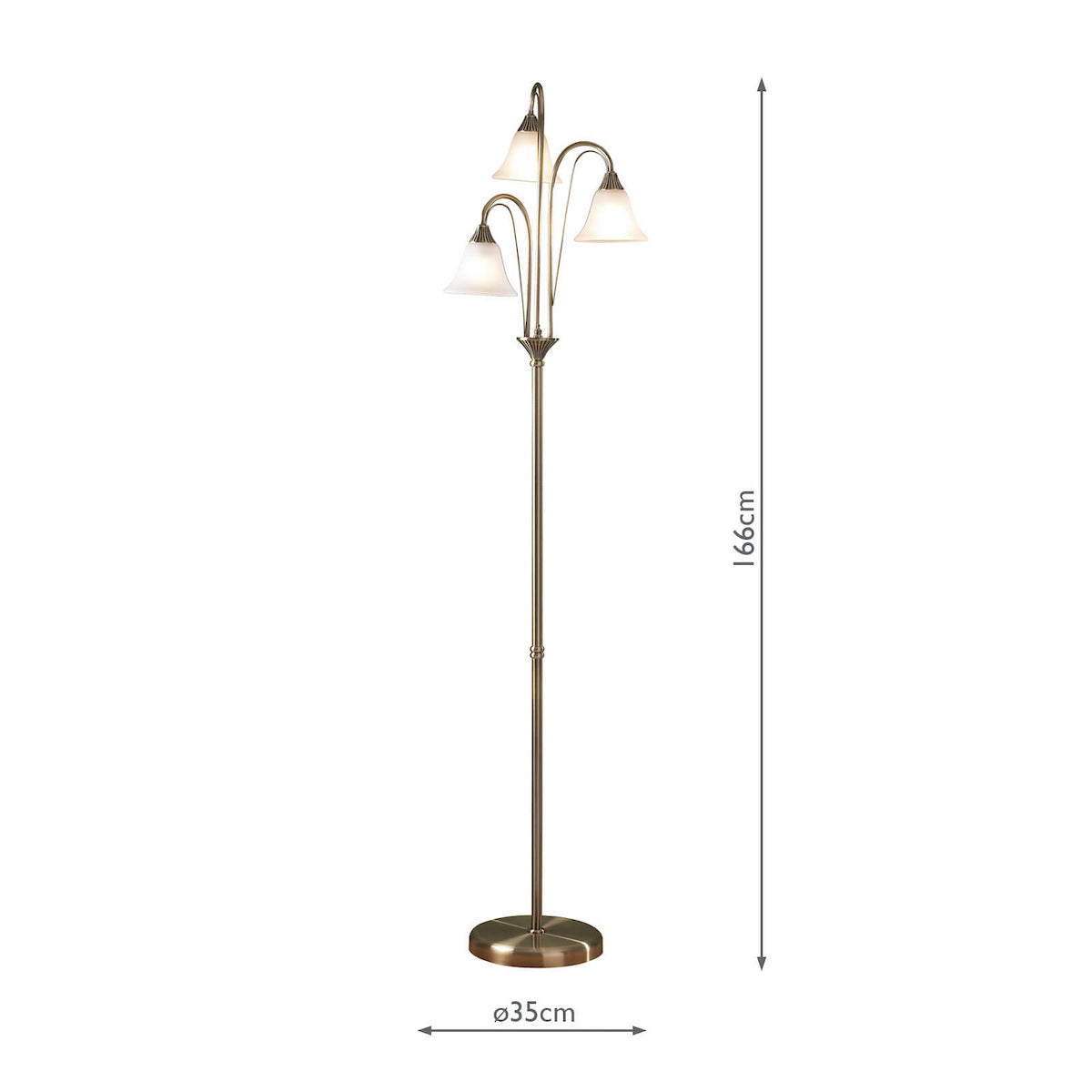 Bronze floor lamp with three frosted glass shades, 166cm tall with a 35cm diameter base.