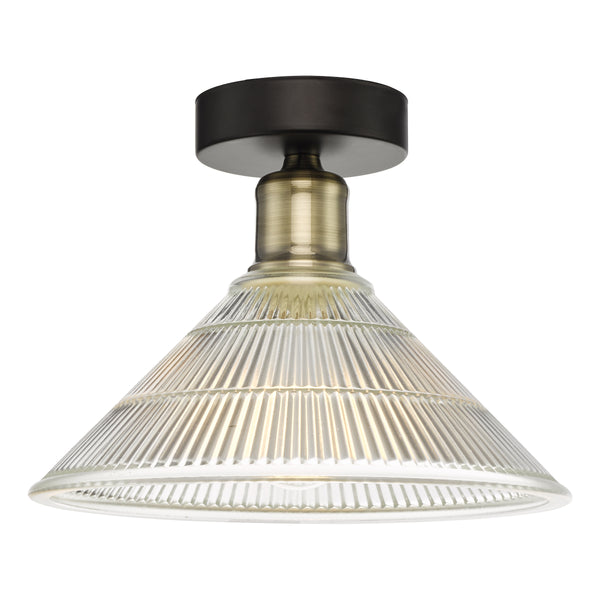Black and brass ceiling light with a conical ribbed glass shade