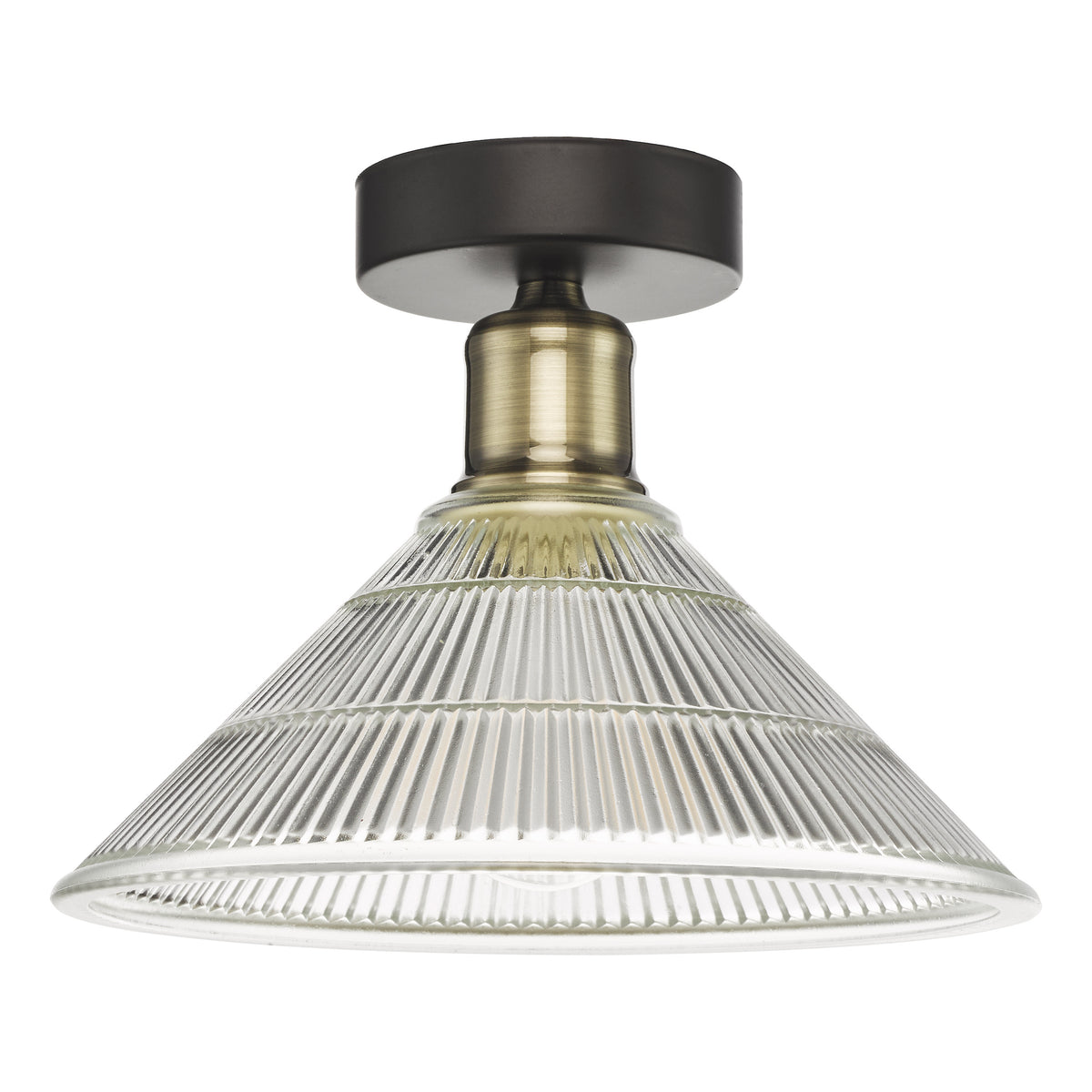 A ceiling light with a black base, a brass stem, and a clear ribbed glass shade