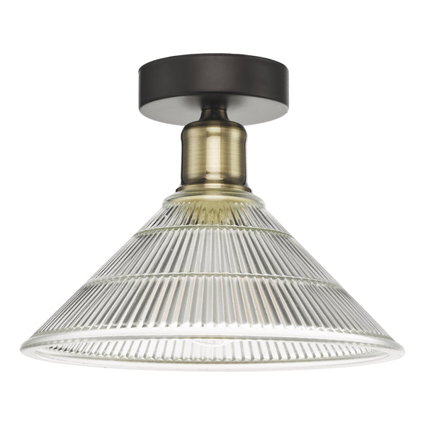 A ceiling light with a black base, a brass stem, and a clear ribbed glass shade
