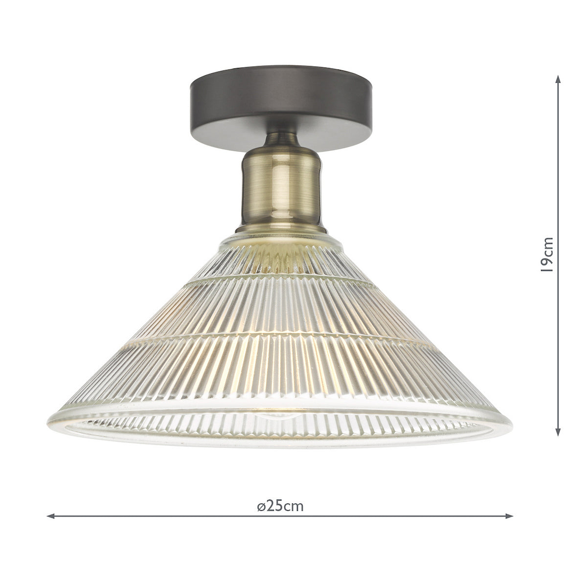 A close up of a ceiling light with a clear ribbed glass shade and an antique brass fitting