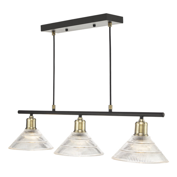 Three light pendant with ribbed glass shades and antique brass accents