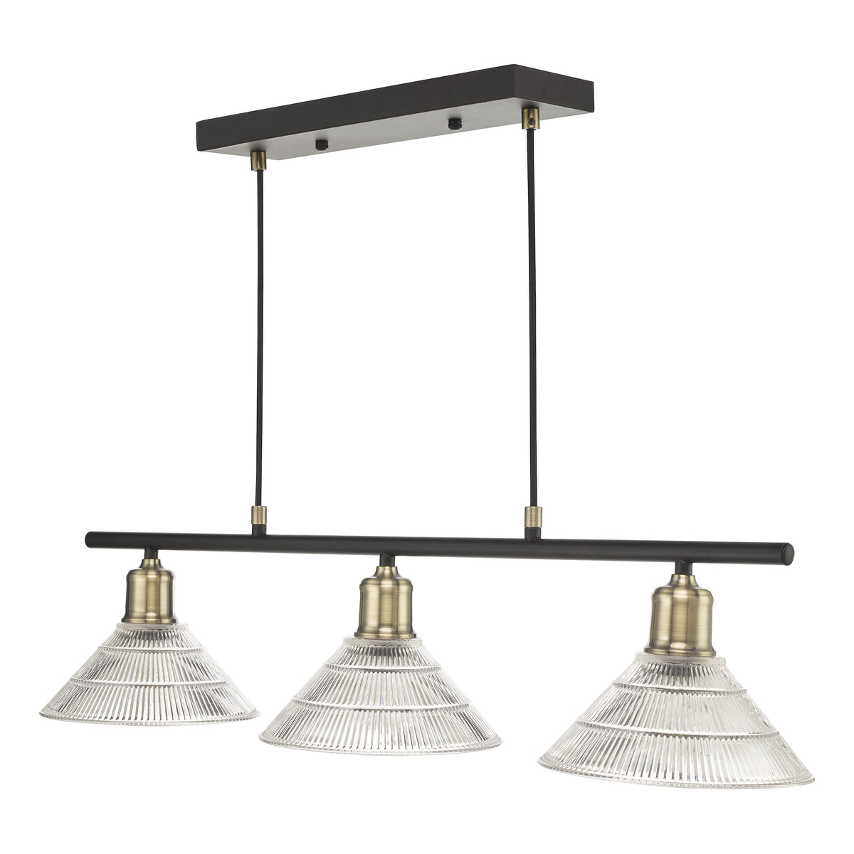 Three light pendant with clear ribbed glass shades and antique brass accents