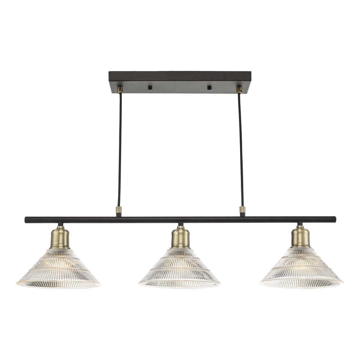 Three light pendant with clear ribbed glass shades and antique brass accents
