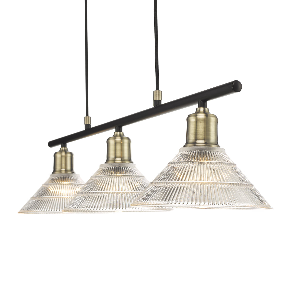 Three light pendant with clear ribbed glass shades and antique brass accents