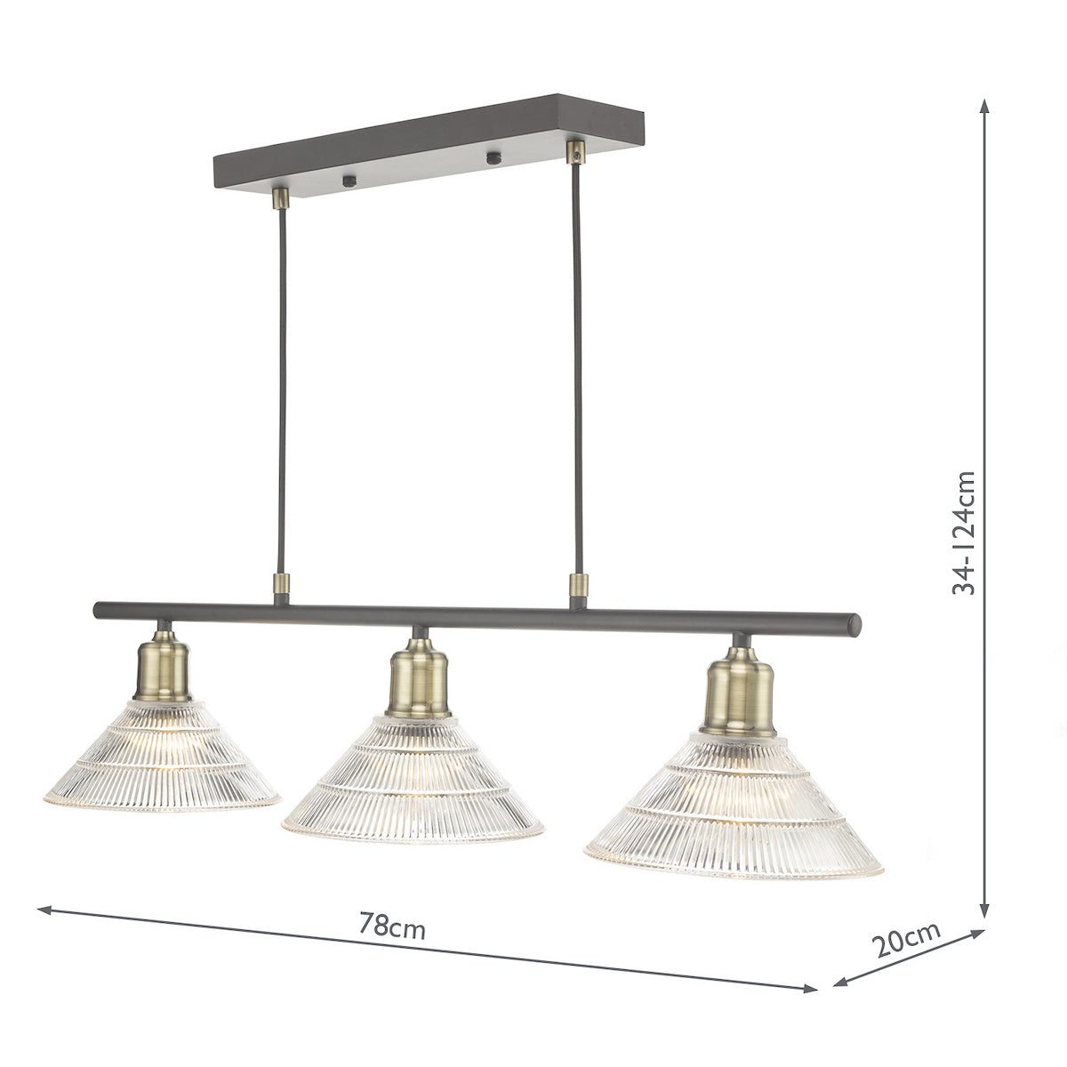 Three light pendant with ribbed glass shades and antique brass lamp holders