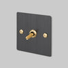 One Gang 2 Way Light Switch in Smoked Bronze with Brass Linear Knurled Toggle